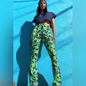 Zara Blue and Green Floral Jacquard High waist Flare Pant. NWT
